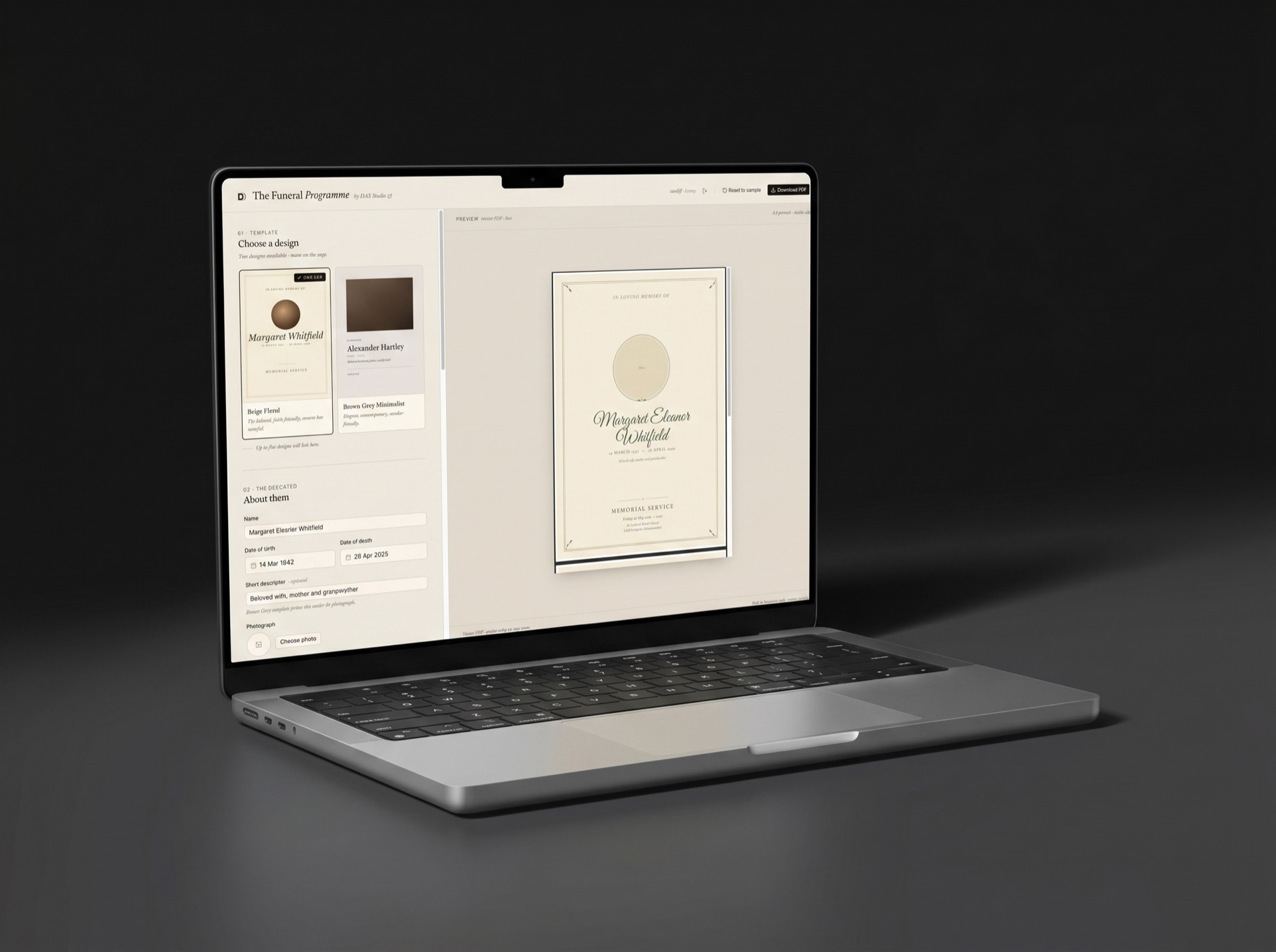 Funeral programme generator tool